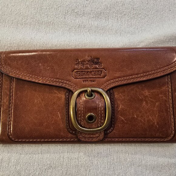 Coach Brown VINTAGE Bleeker Leather Wallet GUC Pink Interior Cream Plaid Fabric - Picture 1 of 16